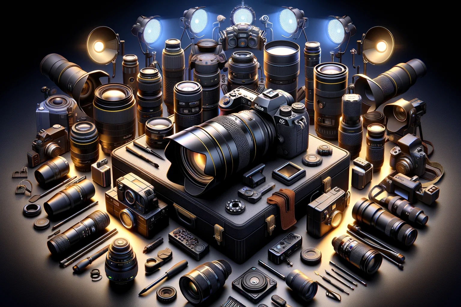 An impressive collection of photography equipment with various lenses, cameras, and accessories meticulously arranged, highlighting the vast array of tools available to photographers for capturing the perfect shot.