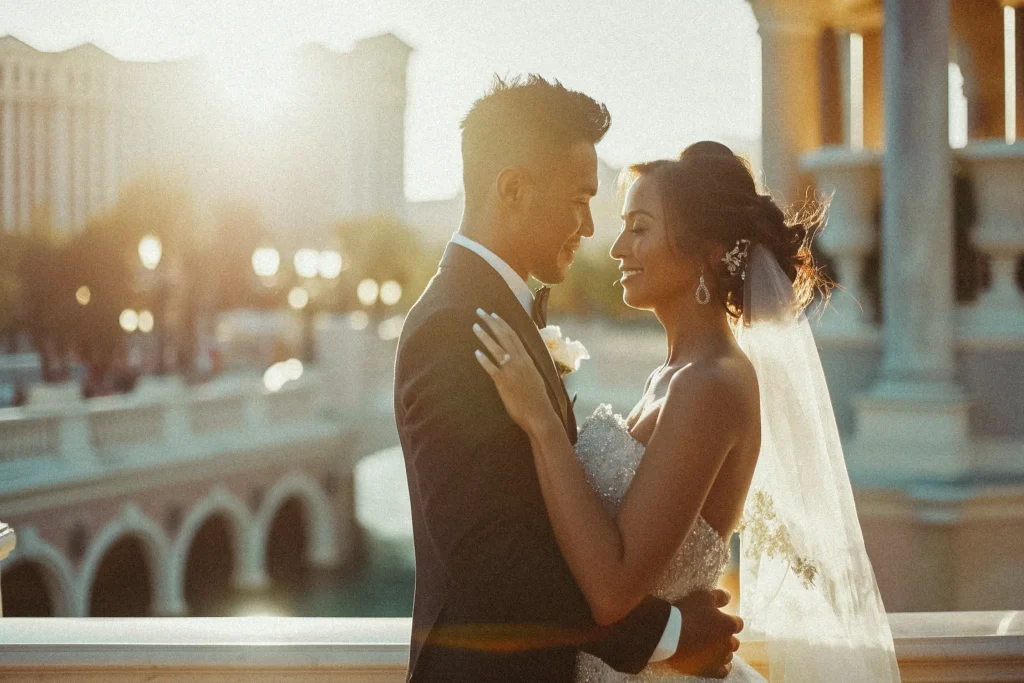 A bride and groom embrace at sunset in front of a scenic bridge and architecture, capturing the romantic ambiance of Las Vegas wedding venues.